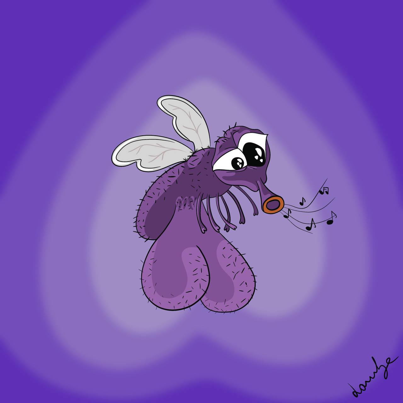 Flying Mouch art on purple background.